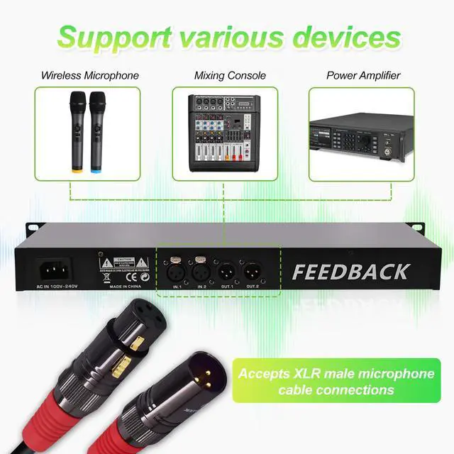 Alt view image 4 of 7 - Professional Feedback Eliminator & Feedback Suppressor Audio Processor - 2-Channel anti-howling suppressor for Performance Stage Conference & Karaoke, Plug-and-Play Design, 2-in 2-Out green