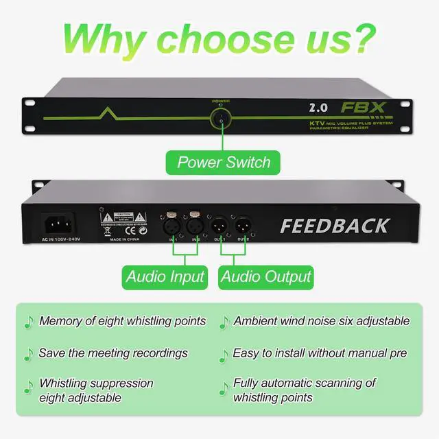 Alt view image 5 of 7 - Professional Feedback Eliminator & Feedback Suppressor Audio Processor - 2-Channel anti-howling suppressor for Performance Stage Conference & Karaoke, Plug-and-Play Design, 2-in 2-Out green