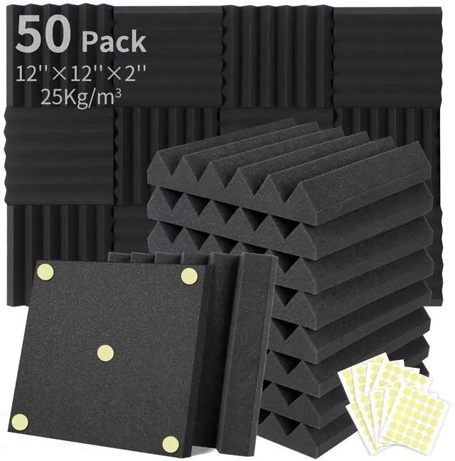 Main image of 50 Packs Acoustic Foam Panels Wedge 2" X 12" X 12", Soundproofing Foam Noise Cancelling Foam with 300 PCS Double-Side adhesive