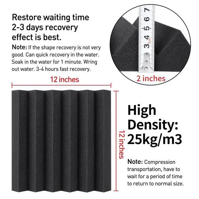 Alt view image 5 of 6 - 50 Packs Acoustic Foam Panels Wedge 2" X 12" X 12", Soundproofing Foam Noise Cancelling Foam with 300 PCS Double-Side adhesive