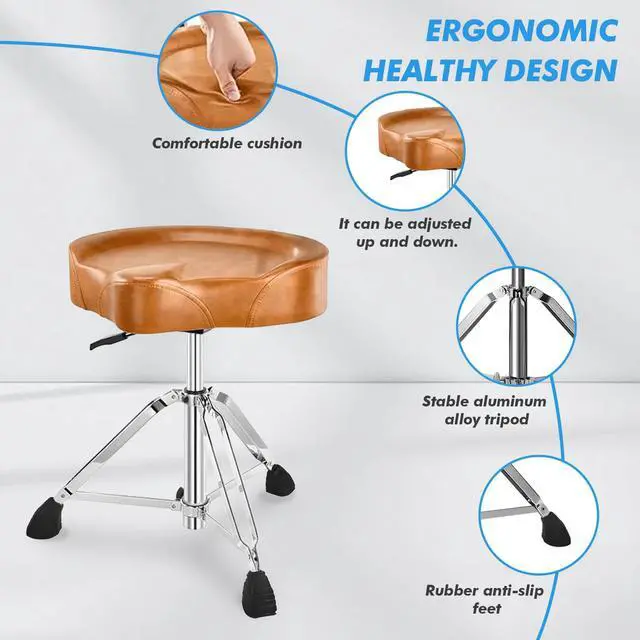 Alt view image 6 of 7 - Heavy Duty Drum Stool, Hydraulic Drum Throne, Ergonomic Memory Foam Drum Seat, Adjustable Drum Chair Anti-Slip Base, Drum Saddle Bench for Drummers Musicians(Brown)