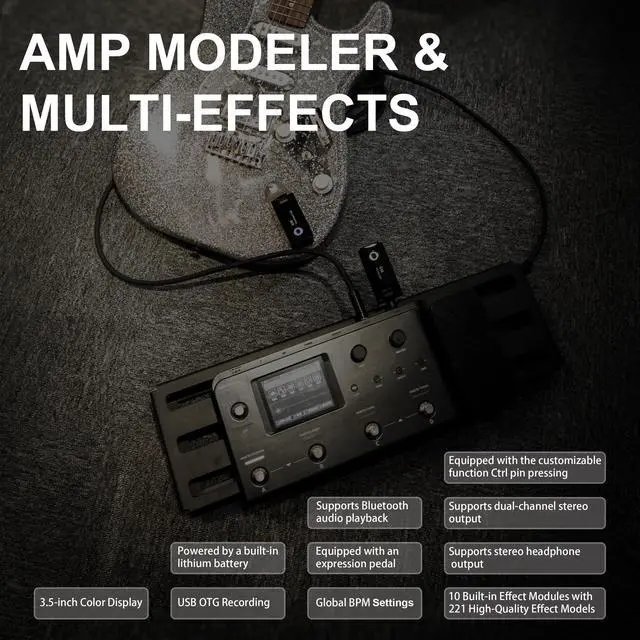 Alt view image 2 of 6 - AUDOTA AME-200 Pro Guitar Multi Effects Processor with Amp Modelling, Reverb, Delay, Looper, Drum Machine, 4 Footswitches, Expression Pedal, USB OTG Recording, MNRS GNR & GIR Loader
