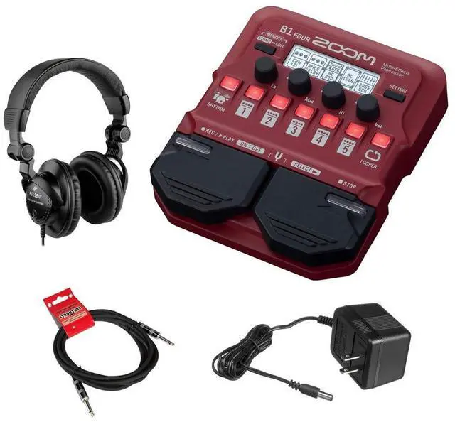 Main image of B1 Four Electric Bass Effects Processor with Polsen HPC-A30 Monitor Headphones, 9V Power Adapter & 10ft Instrument Cable Bundle