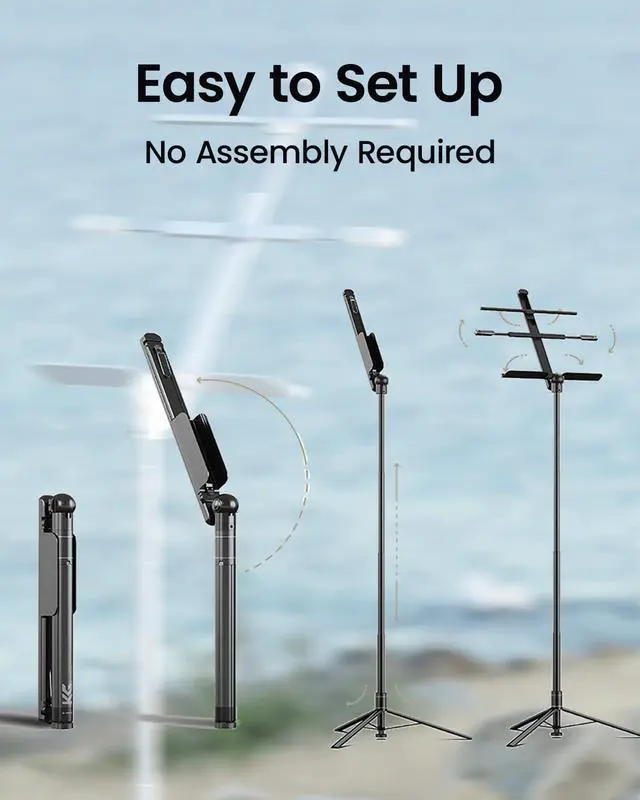 Alt view image 3 of 7 - Capsule Music Stand for Sheet Music, 66" Portable Music Stand | No Assembly, Folding Design for Travel, 29"-66" Adjustable Height, Foldable Tray Fits A3 Sheets, Dual 1/4" Mounts