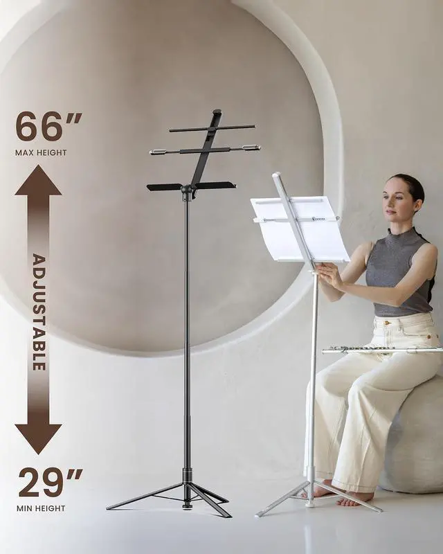 Alt view image 3 of 5 - Capsule Music Stand for Sheet Music, 66" Portable Music Stand | No Assembly, Folding Design for Travel, 29"-66" Adjustable Height, Foldable Tray Fits A3 Sheets, Dual 1/4" Mounts