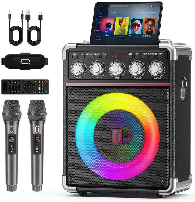 Main image of Karaoke Machine for Adults with 2 Wireless Microphones, Portable Bluetooth 5.3 Speaker with Bass/Treble/Echo Adjustment, PA System with Remote Control, Supports TWS/TV/TF Card/USB/AUX