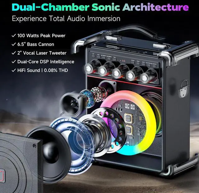 Alt view image 2 of 7 - Karaoke Machine for Adults with 2 Wireless Microphones, Portable Bluetooth 5.3 Speaker with Bass/Treble/Echo Adjustment, PA System with Remote Control, Supports TWS/TV/TF Card/USB/AUX