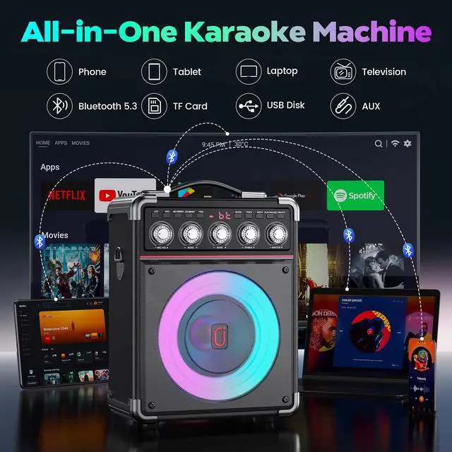 Alt view image 3 of 7 - Karaoke Machine for Adults with 2 Wireless Microphones, Portable Bluetooth 5.3 Speaker with Bass/Treble/Echo Adjustment, PA System with Remote Control, Supports TWS/TV/TF Card/USB/AUX