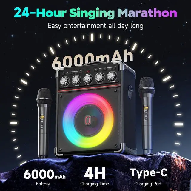 Alt view image 5 of 7 - Karaoke Machine for Adults with 2 Wireless Microphones, Portable Bluetooth 5.3 Speaker with Bass/Treble/Echo Adjustment, PA System with Remote Control, Supports TWS/TV/TF Card/USB/AUX