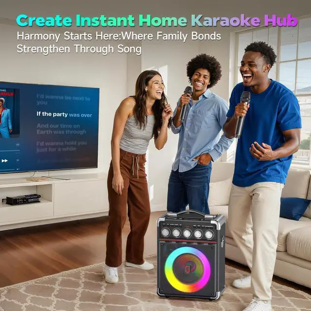 Alt view image 7 of 7 - Karaoke Machine for Adults with 2 Wireless Microphones, Portable Bluetooth 5.3 Speaker with Bass/Treble/Echo Adjustment, PA System with Remote Control, Supports TWS/TV/TF Card/USB/AUX
