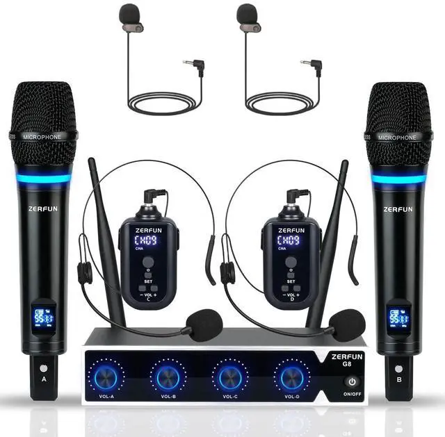 Main image of 4 Channel Rechargeable Wireless Microphone System, Pro UHF Metal Handheld Headset Lavalier Lapel Cordless Mics for Karaoke Singing Church with VOL Control, 4x50 Adjustable Frequency(G8)