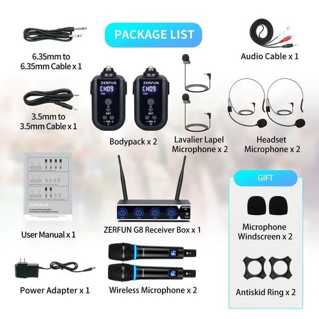 Alt view image 7 of 7 - 4 Channel Rechargeable Wireless Microphone System, Pro UHF Metal Handheld Headset Lavalier Lapel Cordless Mics for Karaoke Singing Church with VOL Control, 4x50 Adjustable Frequency(G8)