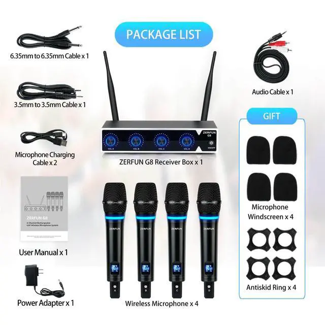 Alt view image 6 of 7 - 4 Channel Rechargeable Wireless Microphone System, Pro UHF Metal Handheld Wireless Microphones Cordless Mics for Karaoke Singing Church with VOL Control, 4x50 Adjustable Frequency(G8)