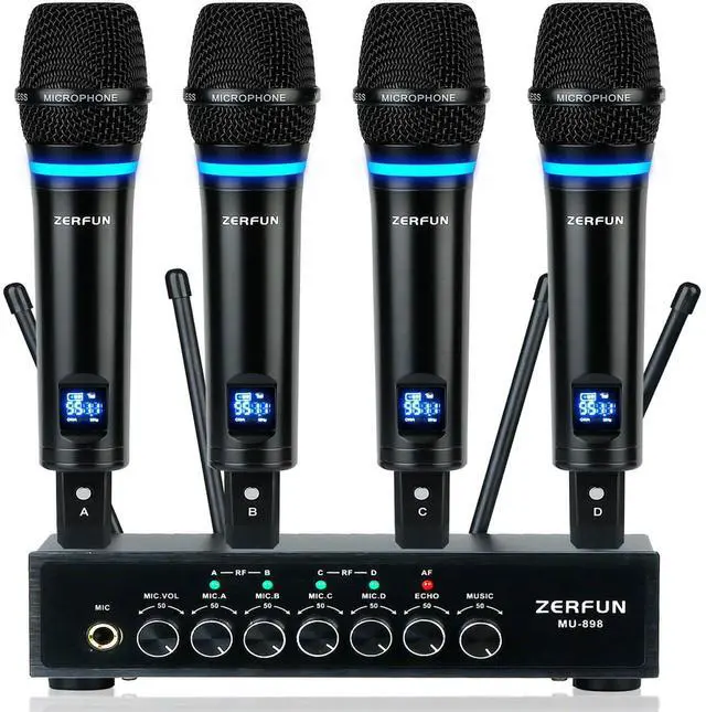 Main image of 4 Channel Rechargeable Wireless Microphone System, Pro UHF Metal Handheld Wireless Microphones Cordless Mics with Echo Bluetooth VOL Channel Control for Karaoke Singing Church(MU-898)