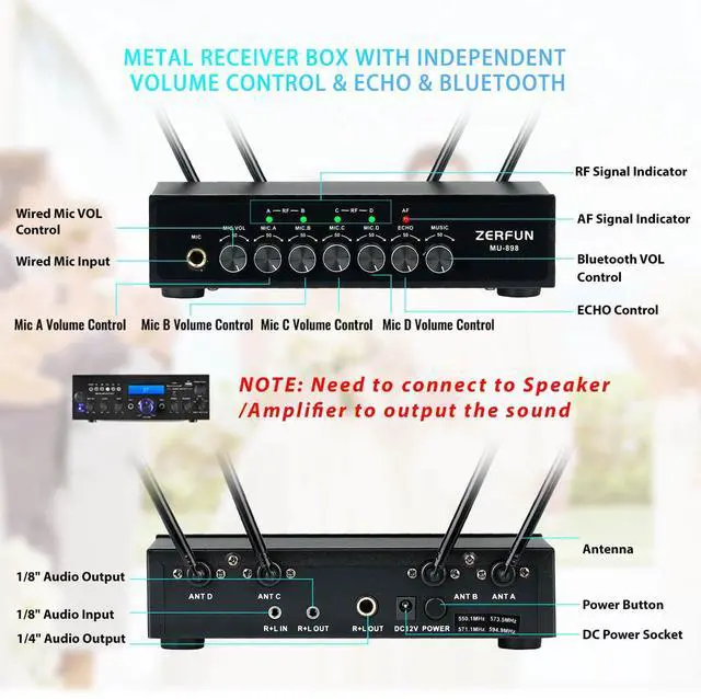 Alt view image 3 of 7 - Pro Rechargeable Wireless Microphone System 4 Channel, UHF Metal Handheld Wireless Microphones Cordless Mics with Echo Bluetooth VOL Channel Control for Karaoke Singing Church(MU-898)