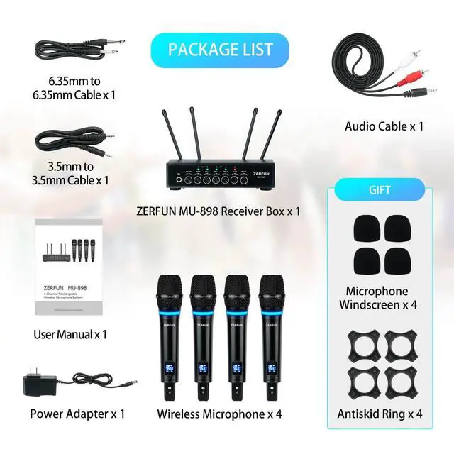 Alt view image 6 of 7 - Pro Rechargeable Wireless Microphone System 4 Channel, UHF Metal Handheld Wireless Microphones Cordless Mics with Echo Bluetooth VOL Channel Control for Karaoke Singing Church(MU-898)