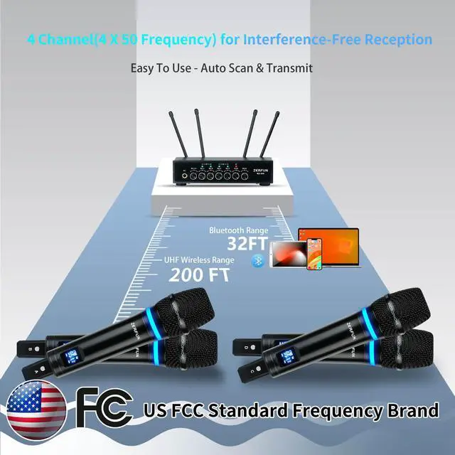 Alt view image 7 of 7 - Pro Rechargeable Wireless Microphone System 4 Channel, UHF Metal Handheld Wireless Microphones Cordless Mics with Echo Bluetooth VOL Channel Control for Karaoke Singing Church(MU-898)