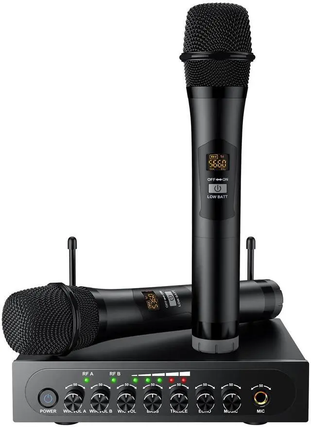 Main image of UHF Wireless Microphone with Volume Treble Bass Echo Control, Wireless Rechargeable Mic Dual Handheld Dynamic Mic System (Bluetooth UHF Base Station Echo/Treble/Bass Control)