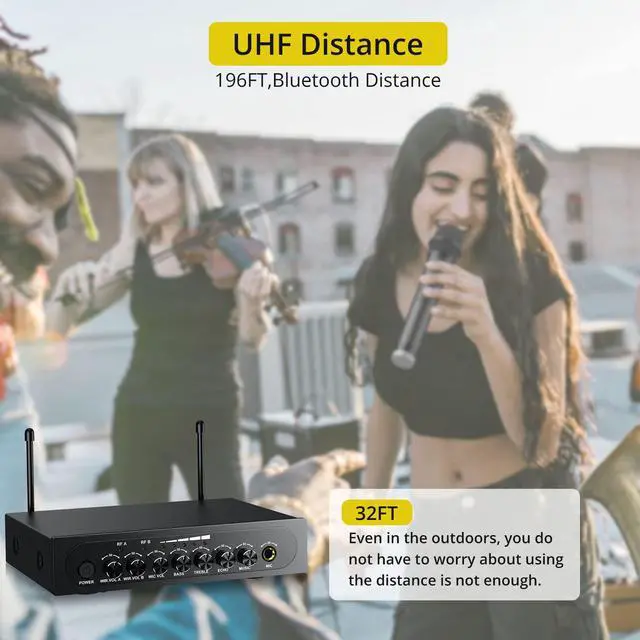 Alt view image 4 of 7 - UHF Wireless Microphone with Volume Treble Bass Echo Control, Wireless Rechargeable Mic Dual Handheld Dynamic Mic System (Bluetooth UHF Base Station Echo/Treble/Bass Control)