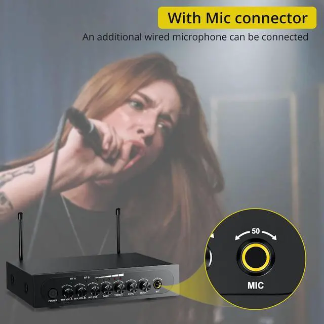Alt view image 5 of 7 - UHF Wireless Microphone with Volume Treble Bass Echo Control, Wireless Rechargeable Mic Dual Handheld Dynamic Mic System (Bluetooth UHF Base Station Echo/Treble/Bass Control)