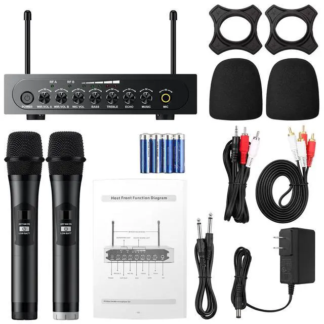 Alt view image 7 of 7 - UHF Wireless Microphone with Volume Treble Bass Echo Control, Wireless Rechargeable Mic Dual Handheld Dynamic Mic System (Bluetooth UHF Base Station Echo/Treble/Bass Control)