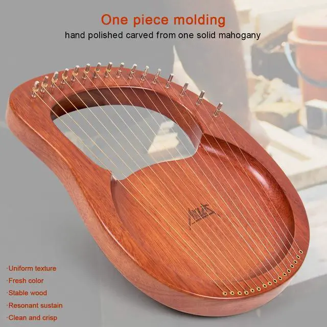 Alt view image 4 of 7 - Lyre Harp, 16 Metal Strings Mahogany Lye Harp with Tuning Wrench,Spare String Set,Pickup,Black Gig Bag