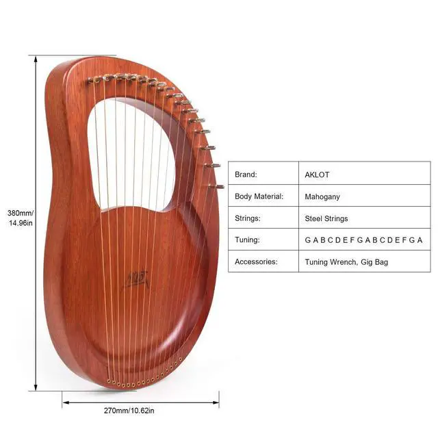 Alt view image 5 of 7 - Lyre Harp, 16 Metal Strings Mahogany Lye Harp with Tuning Wrench,Spare String Set,Pickup,Black Gig Bag