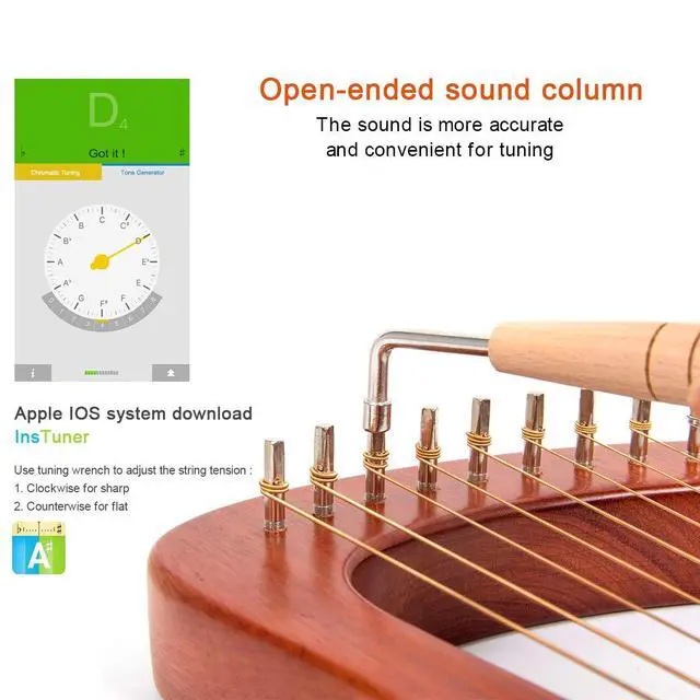 Alt view image 6 of 7 - Lyre Harp, 16 Metal Strings Mahogany Lye Harp with Tuning Wrench,Spare String Set,Pickup,Black Gig Bag