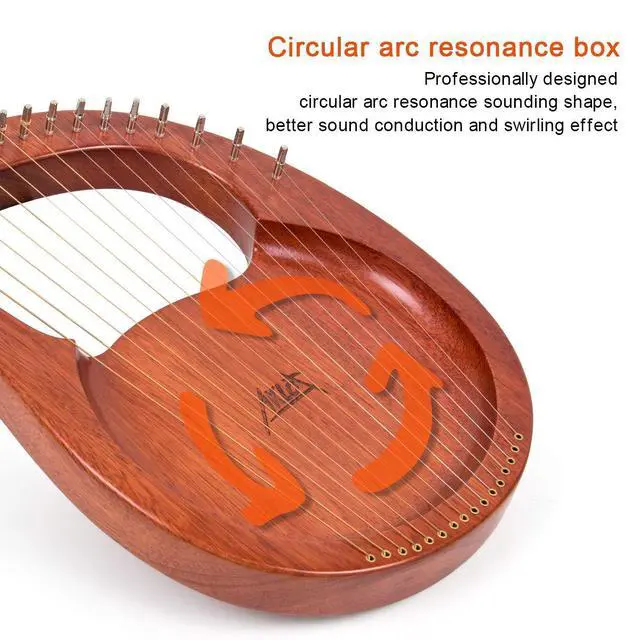 Alt view image 7 of 7 - Lyre Harp, 16 Metal Strings Mahogany Lye Harp with Tuning Wrench,Spare String Set,Pickup,Black Gig Bag