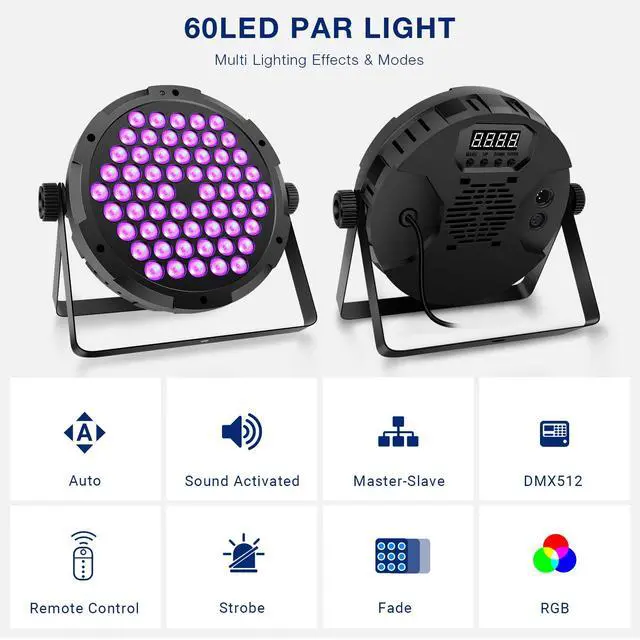 Alt view image 4 of 7 - 90W 60LED Dimmable Stage Par Light by Remote & DMX Control - 4Pack | RGB, Sound Activated Multi Modes Uplights for Events Wedding Church Dance Club Home Party Stage Lighting