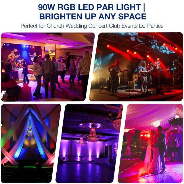 Alt view image 7 of 7 - 90W 60LED Dimmable Stage Par Light by Remote & DMX Control - 4Pack | RGB, Sound Activated Multi Modes Uplights for Events Wedding Church Dance Club Home Party Stage Lighting