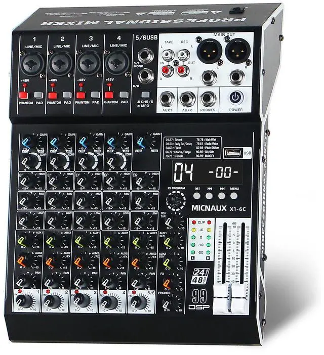 Main image of Audio Mixer 6 Channel Professional Sound Mixer Console with 99 DSP Effects, Mixing Board DJ Mixer w/USB, Bluetooth, 48V Power Supply, PAD Button for Recording Karaoke PA Drum Live Music