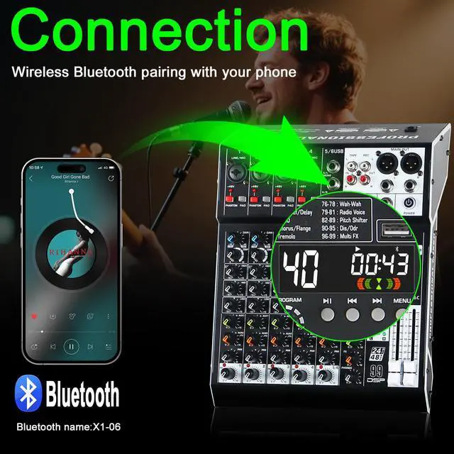 Alt view image 4 of 7 - Audio Mixer 6 Channel Professional Sound Mixer Console with 99 DSP Effects, Mixing Board DJ Mixer w/USB, Bluetooth, 48V Power Supply, PAD Button for Recording Karaoke PA Drum Live Music