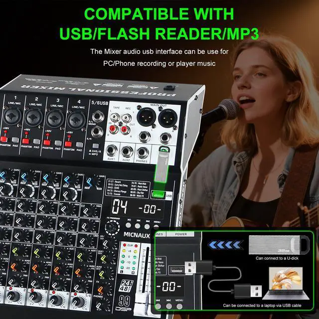 Alt view image 3 of 7 - Audio Mixer 6 Channel Professional Sound Mixer Console with 99 DSP Effects, Mixing Board DJ Mixer w/USB, Bluetooth, 48V Power Supply, PAD Button for Recording Karaoke PA Drum Live Music