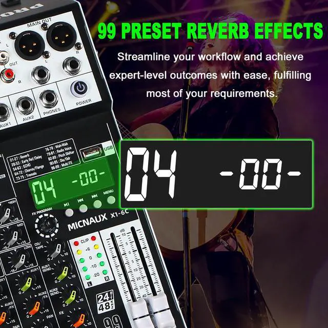 Alt view image 2 of 7 - Audio Mixer 6 Channel Professional Sound Mixer Console with 99 DSP Effects, Mixing Board DJ Mixer w/USB, Bluetooth, 48V Power Supply, PAD Button for Recording Karaoke PA Drum Live Music