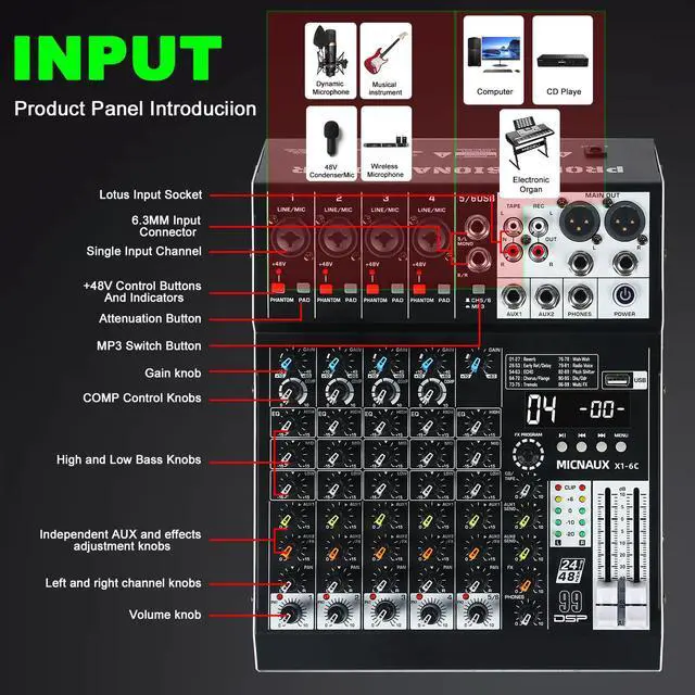 Alt view image 7 of 7 - Audio Mixer 6 Channel Professional Sound Mixer Console with 99 DSP Effects, Mixing Board DJ Mixer w/USB, Bluetooth, 48V Power Supply, PAD Button for Recording Karaoke PA Drum Live Music