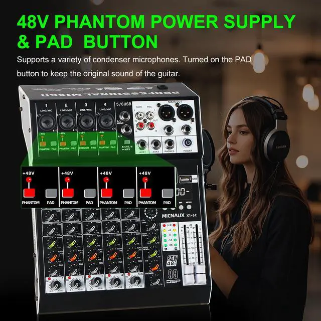 Alt view image 5 of 7 - Audio Mixer 6 Channel Professional Sound Mixer Console with 99 DSP Effects, Mixing Board DJ Mixer w/USB, Bluetooth, 48V Power Supply, PAD Button for Recording Karaoke PA Drum Live Music
