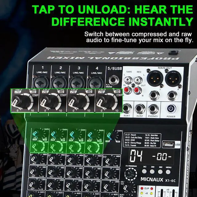 Alt view image 6 of 7 - Audio Mixer 6 Channel Professional Sound Mixer Console with 99 DSP Effects, Mixing Board DJ Mixer w/USB, Bluetooth, 48V Power Supply, PAD Button for Recording Karaoke PA Drum Live Music