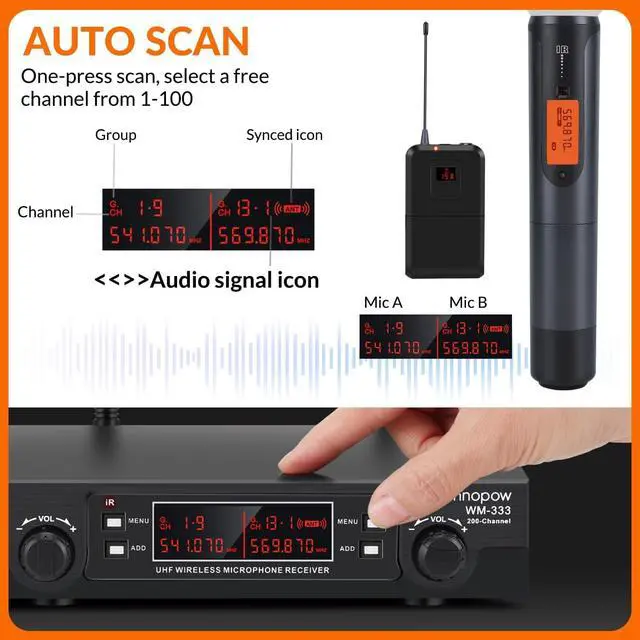 Alt view image 3 of 7 - 200-Channel Wireless Microphones System, Wireless Lavalier Microphone, Dual UHF Bodypack Cordless Lavalier Mic System Set, Auto Scan, Long Range 200-240Ft, 16 Hours Ideal for Church (Black)
