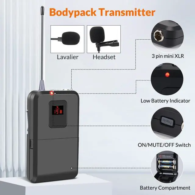 Alt view image 5 of 7 - 200-Channel Wireless Microphones System, Wireless Lavalier Microphone, Dual UHF Bodypack Cordless Lavalier Mic System Set, Auto Scan, Long Range 200-240Ft, 16 Hours Ideal for Church (Black)