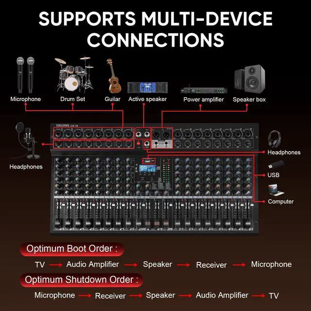 Alt view image 4 of 7 - 16 Channel Mixer, Professional Audio Mixing Console Studio DJ Board with Bluetooth, 99 DSP Effect,USB Recording, 48V Phantom Power, Reverb, MP3 Player for Live Sound Karaoke Performance