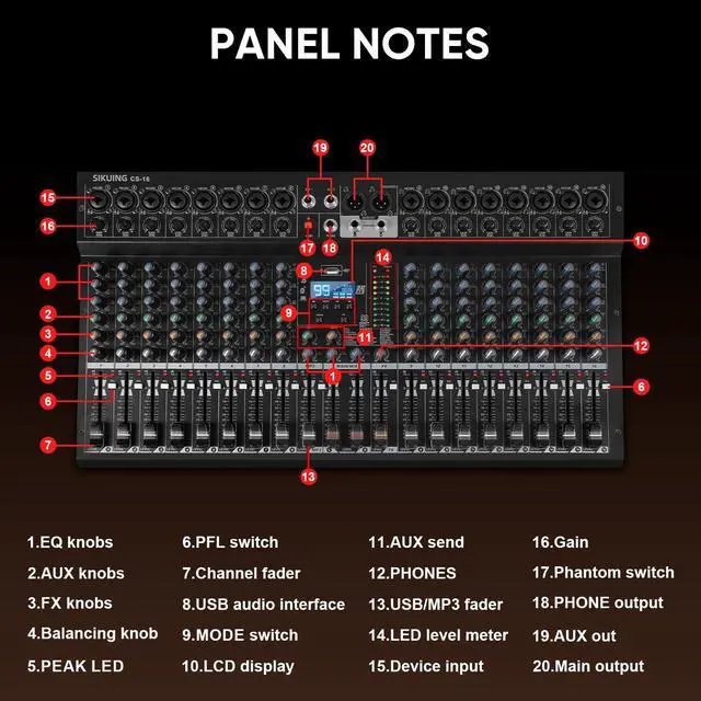 Alt view image 3 of 7 - 16 Channel Mixer, Professional Audio Mixing Console Studio DJ Board with Bluetooth, 99 DSP Effect,USB Recording, 48V Phantom Power, Reverb, MP3 Player for Live Sound Karaoke Performance