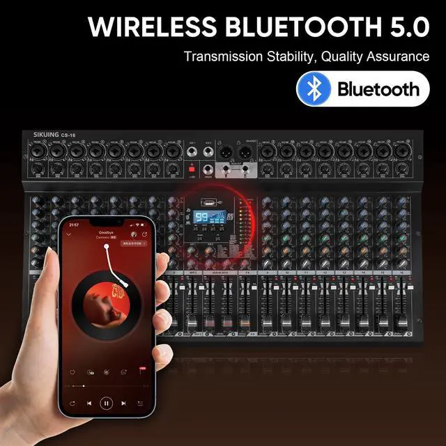Alt view image 6 of 7 - 16 Channel Mixer, Professional Audio Mixing Console Studio DJ Board with Bluetooth, 99 DSP Effect,USB Recording, 48V Phantom Power, Reverb, MP3 Player for Live Sound Karaoke Performance