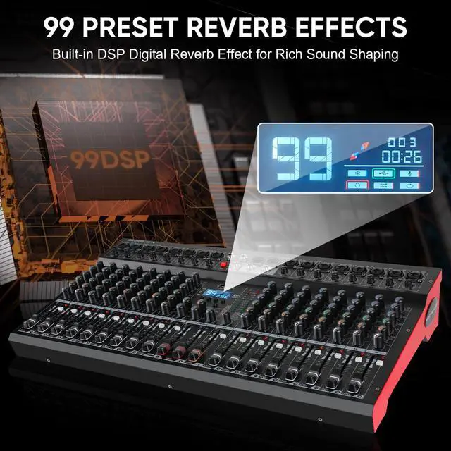 Alt view image 5 of 7 - 16 Channel Mixer, Professional Audio Mixing Console Studio DJ Board with Bluetooth, 99 DSP Effect,USB Recording, 48V Phantom Power, Reverb, MP3 Player for Live Sound Karaoke Performance