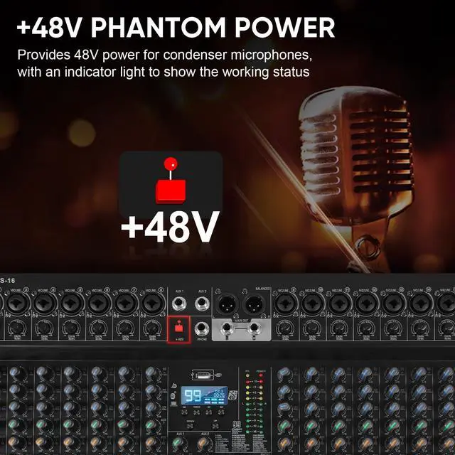 Alt view image 7 of 7 - 16 Channel Mixer, Professional Audio Mixing Console Studio DJ Board with Bluetooth, 99 DSP Effect,USB Recording, 48V Phantom Power, Reverb, MP3 Player for Live Sound Karaoke Performance