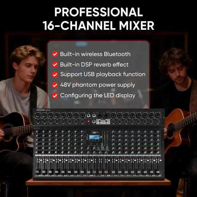 Alt view image 2 of 7 - 16 Channel Mixer, Professional Audio Mixing Console Studio DJ Board with Bluetooth, 99 DSP Effect,USB Recording, 48V Phantom Power, Reverb, MP3 Player for Live Sound Karaoke Performance