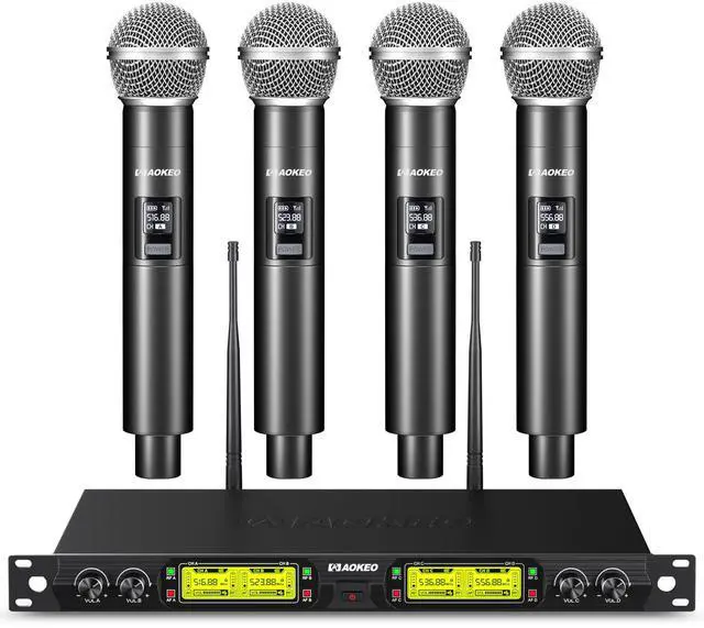 Main image of Wireless Microphones System, 4 Channel UHF Wireless Mics,with 4 Handheld Dynamic Microphones,Metal Receiver for Karaoke,Singing,Wedding,Party,Speech,Church