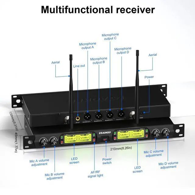 Alt view image 5 of 7 - Wireless Microphones System, 4 Channel UHF Wireless Mics,with 4 Handheld Dynamic Microphones,Metal Receiver for Karaoke,Singing,Wedding,Party,Speech,Church