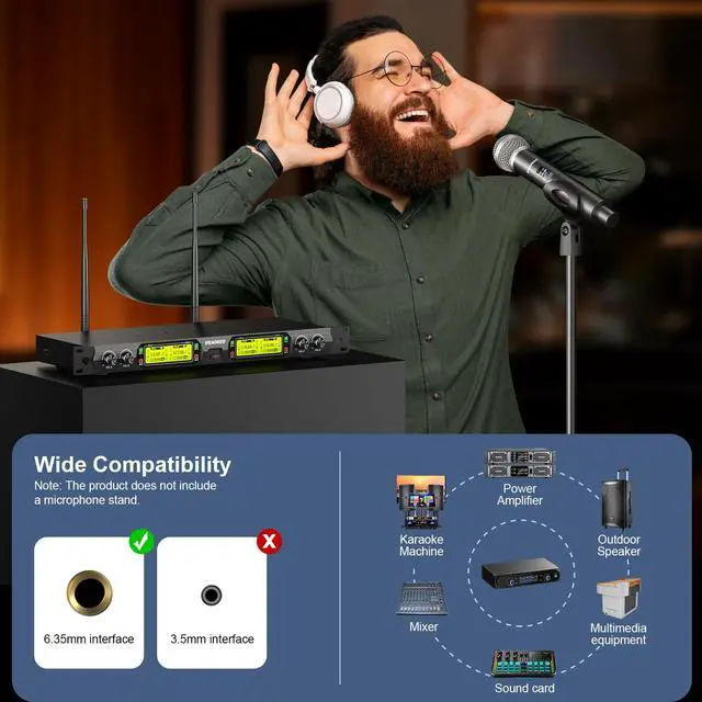 Alt view image 6 of 7 - Wireless Microphones System, 4 Channel UHF Wireless Mics,with 4 Handheld Dynamic Microphones,Metal Receiver for Karaoke,Singing,Wedding,Party,Speech,Church