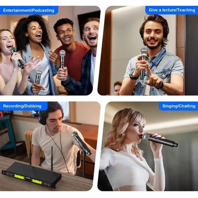 Alt view image 7 of 7 - Wireless Microphones System, 4 Channel UHF Wireless Mics,with 4 Handheld Dynamic Microphones,Metal Receiver for Karaoke,Singing,Wedding,Party,Speech,Church